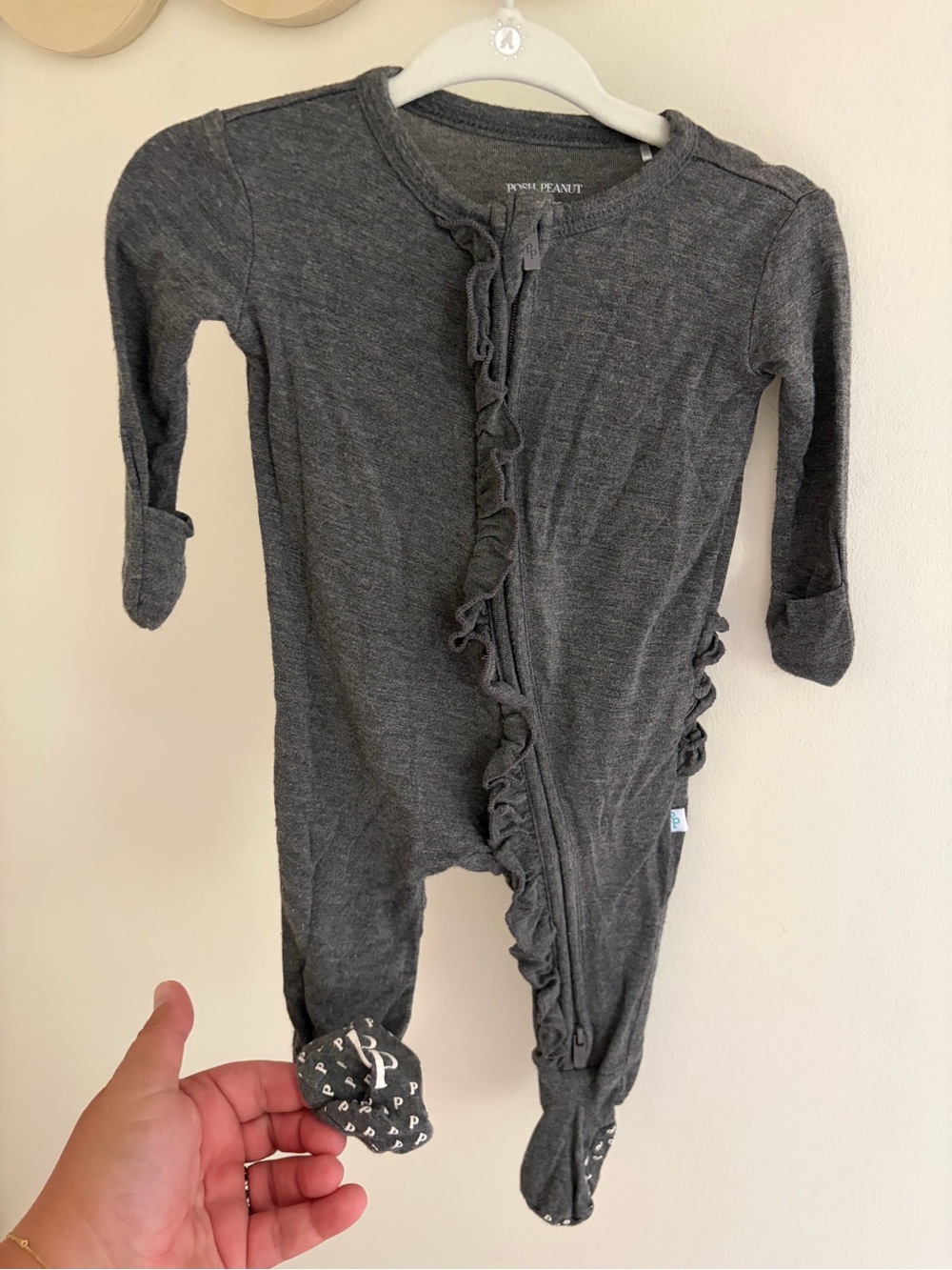 Posh Peanut Charcoal Gray Ruffle Footie One-Piece